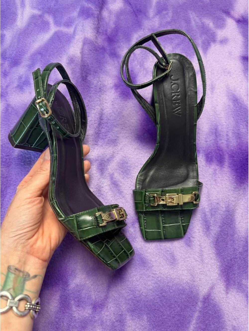 J Crew green leather crocodile heel sandals